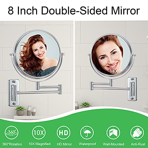 Lansi Wall Mounted Makeup Mirror, 10X/1X Double-Sided Magnifying Mirror, 360° Extendable Arm Bathroom Mirror, 8 Inch Vanity Mirror For Makeup Or Shaving Chrome Finish #TOP4