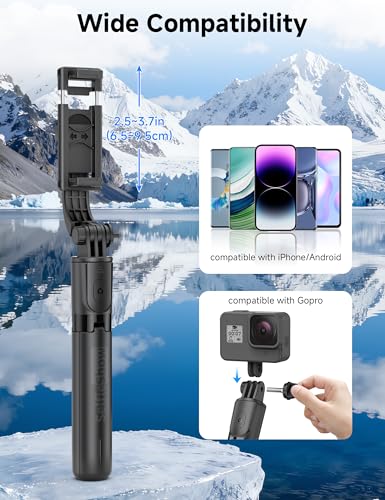 Image of Mini Selfie Stick Travel Tripod for Cell Phone with Light, Extendable Selfie Stick for iPhone with Detachable Remote, iPhone Tripod for Video Recording, Photograph, Compatible with Cellphones