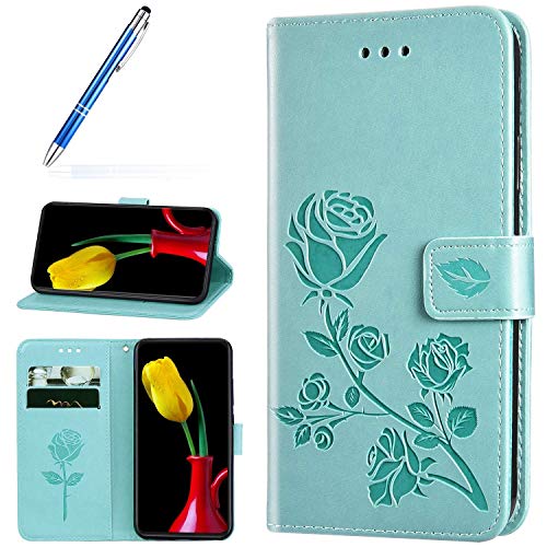 Robinsoni Case Compatible with Samsung Galaxy A10 PU Leather Wallet Cover Retro Case Glossy Lavish Glitter Rose Printed Book Case TPU Silicone Inner Case Folio Flip Magnetic Flower Case Green