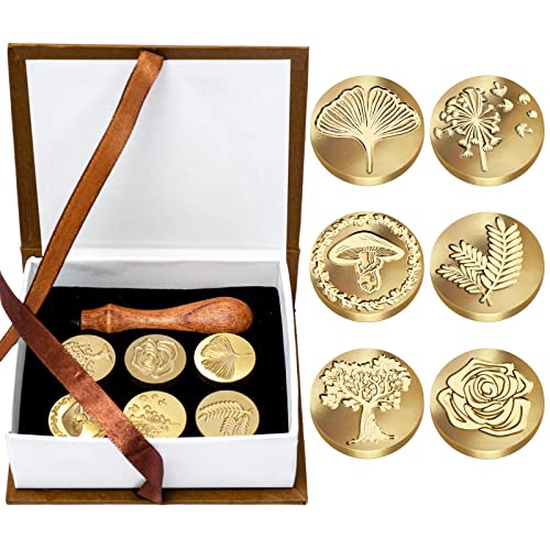 Whaline 6Pcs Wax Seal Stamp Set Plant Theme Sealing Wax Stamp Dandelion Mushroom Tree Rose Ginkgo Rosemary Wax Seal Stamp with Wooden Handle Gift Box for Party Invitation Supplies Greeting Cards