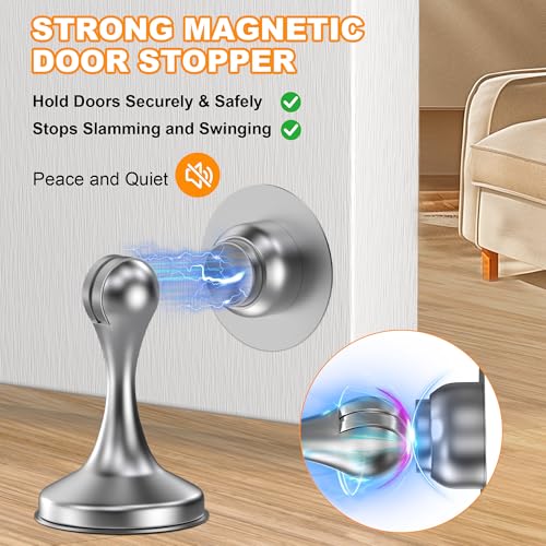 Image of Crosize Magnetic Door Stoppers 2 Pack, Stainless Steel Door Stops for Wall and Floor Mounting, Door Holder Keep Door Open, No Drilling Door Stop with Adhesive Tapes, Silver