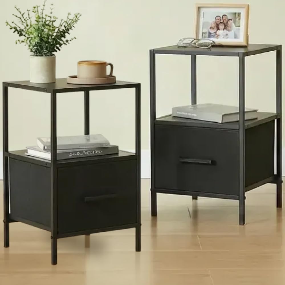CASABEL Table de Chevet, Plateau Noir et Structure métallique Noire