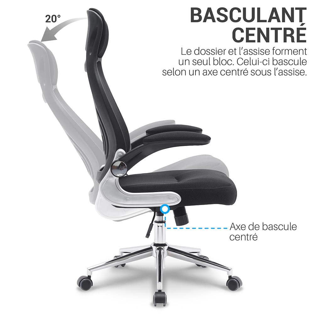 Ergonomiczny fotel biurowy z tkaniny siatkowej, wysokie oparcie z wbudowanym zagłówkiem, podnoszone podłokietniki, podparcie odcinka lędźwiowego, regulacja wysokości, chromowana metalowa stopa