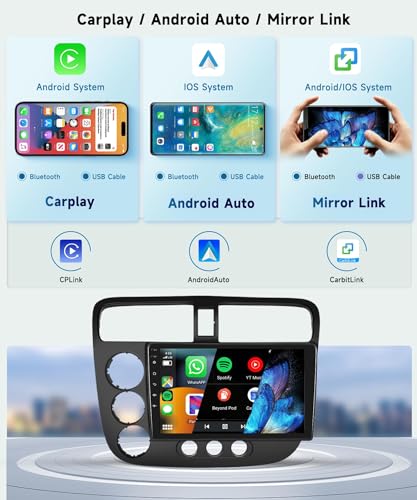 Image of podofo 8 Core 4G+64G Car Radio for Honda Civic 2001 2002 2003 2004 2005, Wireless Apple Carplay Android Auto Car Stereo, 9 inch IPS Touchscreen with WiFi, GPS, Bluetooth,FM /RDS, 32EQ DSP, Rear Camera