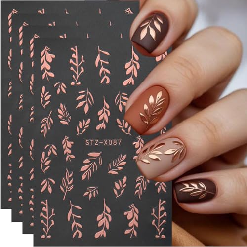 Golden Leaf Nail Stickers 3D Self-Adhesive Elegant Leaf Nail Art Stickers Decals 4PCS Metallic Gold Leaves Design Spring Summer Nail Art Decorations Supplies for Women DIY Manicure Decor Accessories