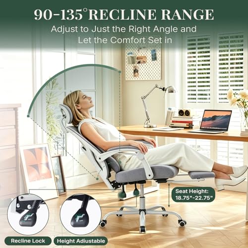 Image of Ergonomic Office Chair with Footrest, High Back Home Desk Computer Chair with Lumbar Support & Headrest, 90-135 Reclining Mesh Back with Wheels for Work, Gaming, Grey