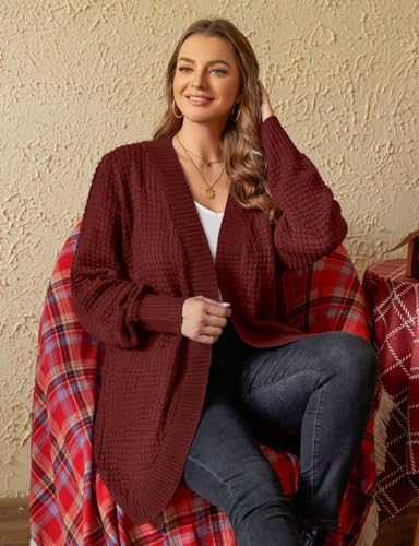 Image of MONNURO Womens Plus Size Open Front Cardigan Waffle Knit Long Sleeve Sweaters Tops Fall Coat Outerwear with Pockets