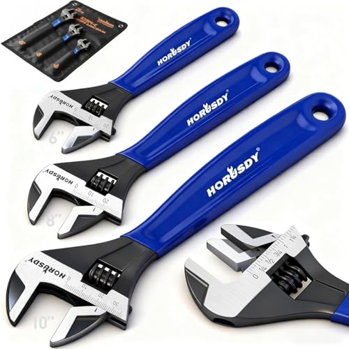 Image of HORUSDY 3-Piece Adjustable Wrench Set (6 /8 /10 in), Wide Jaw Black Oxide Finish, Cr-V Steel, Metric & SAE Scales, Adjustable Spanner Set for Home Garage Workshop