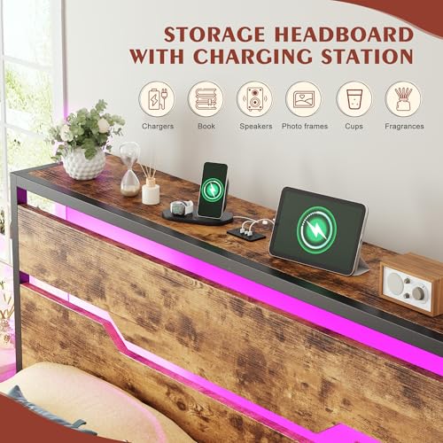 Image of Homkdom Full Size Bed Frame with USB Ports & LED Lights, Headboard Shelf, Heavy Duty Metal Platform with 10.24 inch Underbed Storage, Noise-Free Slats, No Box Spring Needed, Modern Brown