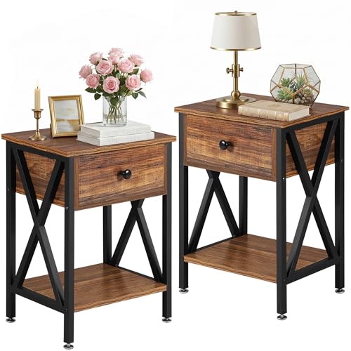 VECELO Nightstands Set of 2, Modern Bedside End Tables, Night Stands with Drawer and Storage Shelf for Living Room Bedroom, Industrial Metal Frame