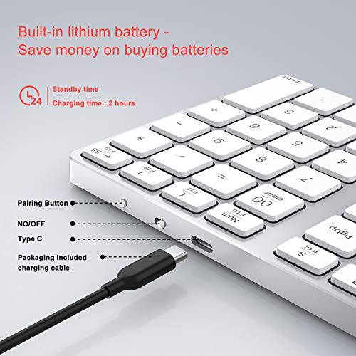 Mac Os Bluetooth Numeric Keypad, 35 - Keys Aluminum Wireless Numeric Keypad Dual System Rechargeable Ultra-Silent External Numeric Pad for Surface Pro/MacBook/MacBook Pro/Air and Windows Laptop-White