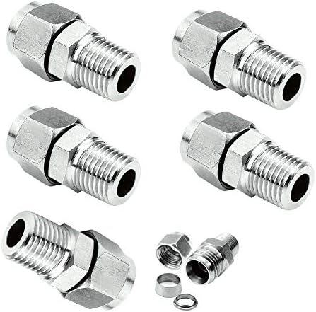 Beduan 304 Stainless Steel Compression Fitting Ferrule, 3/8" Tube OD x 1/4" NPT Male, Straight Adapter Connect with Double Ferrules (Pack of 5)