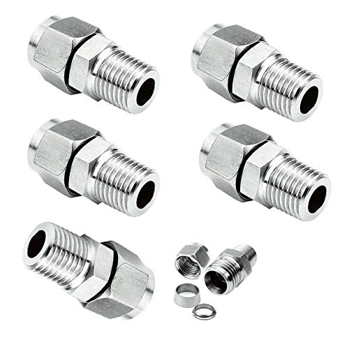 Beduan 304 Stainless Steel Compression Fitting Ferrule, 3/8" Tube Od X 1/4" Npt Male, Straight Adapter Connect With Double Ferrules (Pack Of 5) #TOP2