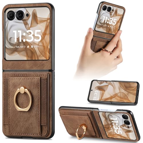NINKI Kompatibel mit Motorola Razr 50 2024 Wallet Hülle Retro mit Ring,PU Leder kartenfach Schutzhülle für Motorola Razr 2024 5G Ständer Handyhülle für Motorola Razr 50 Retro PU Hülle- Braun