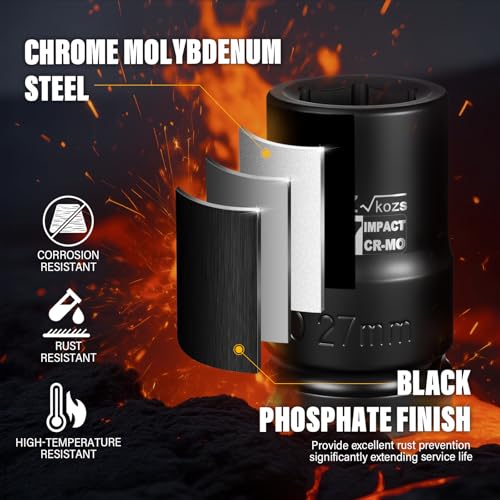 Image of 1 Inch Drive 27mm Deep Metric Impact Socket,CR-MO,6 Point Radius Corner Design,Square Chamfered Opening,Axle Nut Impact Grade Socket for Easy Removal
