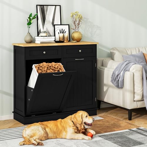 LOKO Kitchen Tilt Out Trash Cabinet, Pet Proof Trash Can Cabinet with 2 Drawers & Adjustable Shelf & Rubber Wood Tabletop, 39.5 x 14 x 35.5 inches (Black)