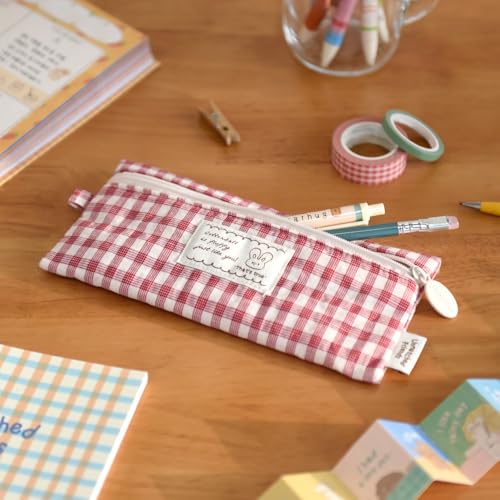 Image of Monolike Unmatched Friends Fabric Check Pencil Case, Red - Pencil Pouch, Portable Pencil Bag, Pencil Case, Office Pouch case, Fabric, Cushion, Soft, Pastel