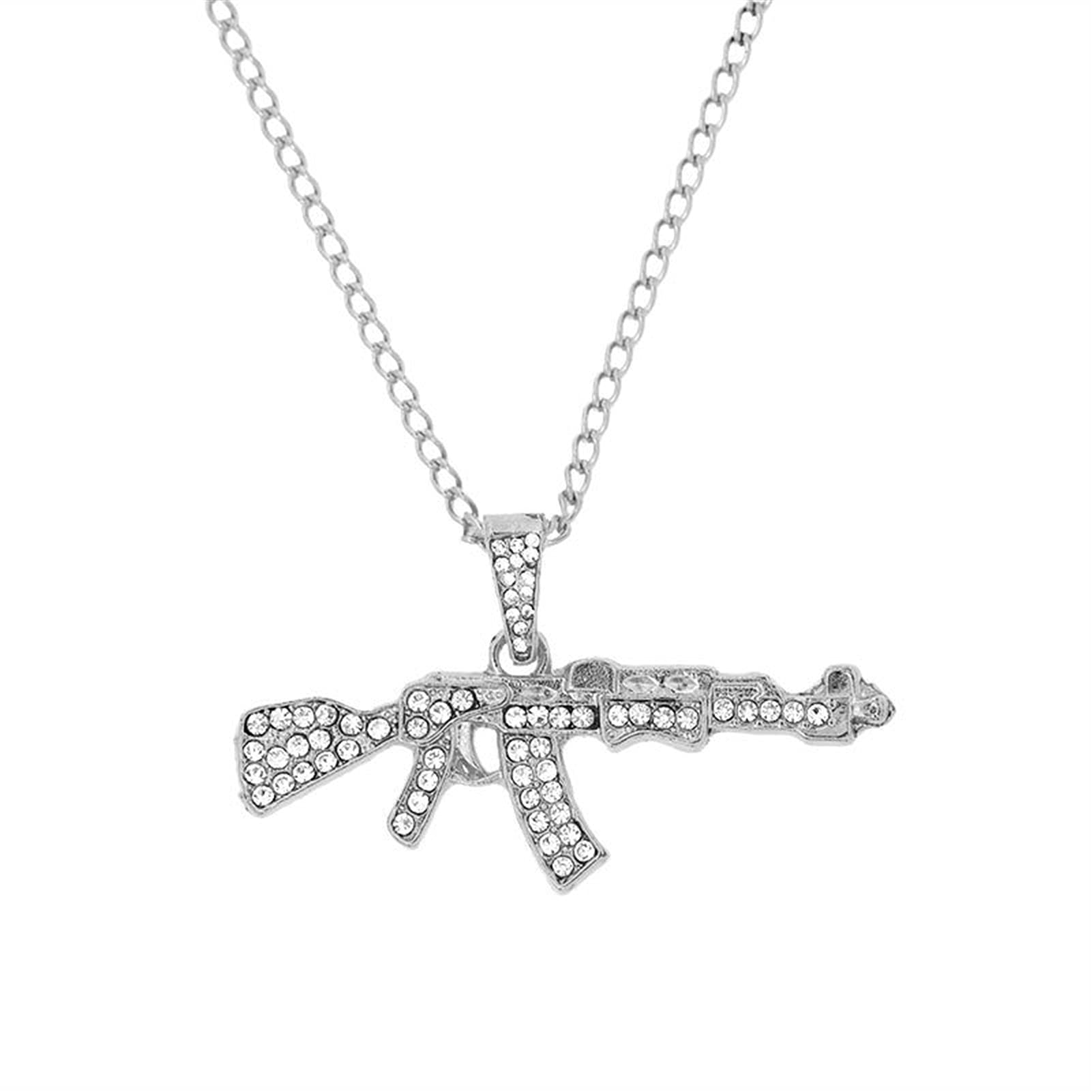 DJDEFKDJDEFK Necklace AK-47 Pistol Pendant Necklaces for Women Men Gun Rhinestone Long Chain Necklace Punk Hip-Hop Jewelry Choker (Metal Color : 041102SL)