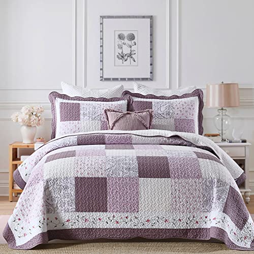 Sahsahcasa Quilt King Size, King Quilt Set, 100% Cotton King Quilt Bedding Set Bedspreads, Patchwork Quilt, Plaid Lightweight Floral Comforter For King Bed, Purple/Pink, For All Season #TOP24