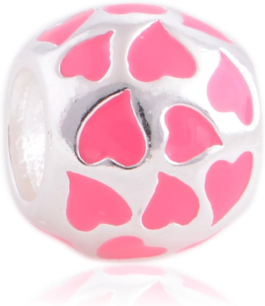 925 Sterling Silver Love Heart Pink Enamel Bead for Pandora, Biagi, Chamilia, Troll and More Bracelets