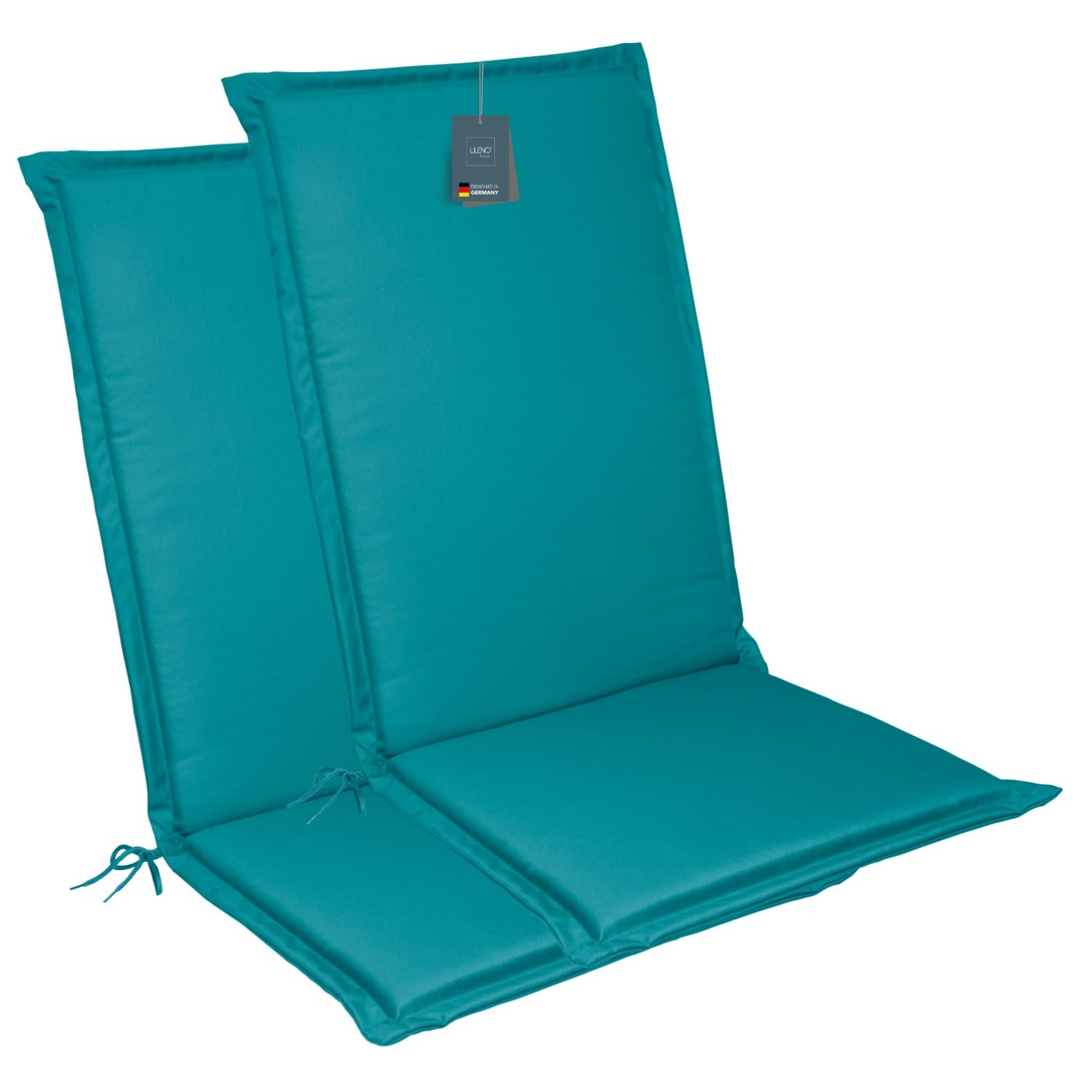 LILENO HOME Cojines para silla de jardín [juego de 2 unidades – respaldo alto] en color azul petróleo – Tumbona cómoda como cojín para muebles de jardín – Cojín para sillas de jardín y sillas