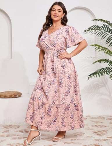 Image of ShopWonder Womens Plus Size V Neck Wrap Maxi Dress High Waist Ruffle Summer Casual Dress with Belt
