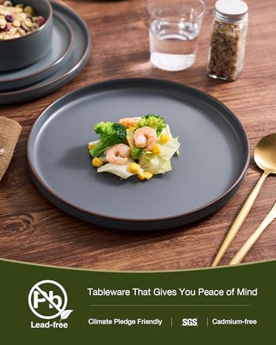 Image of Famiware Nebula Ridge Stoneware Dinnerware Sets with Pasta Bowls, Plates and Bowls Sets, Service for 4 (16 Pieces), Microwave and Dishwasher Safe Kitchen Plates, Charcoal