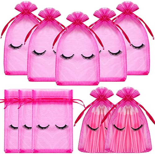 100 Pcs Eyelash Aftercare Bags 4 x 6 Inches Eye Lash Print Aftercare Makeup Bags Drawstring Cosmetic Bags Organza Beauty Bags for Women Makeup Jewelry Supplies (Pink)