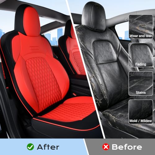 Image of Coverado Front Seat Covers for Tesla Model 3, Car Seat Covers Front Seats, Front 2PCS Leatherette Car Seat Cover Seat Protector Custom for 2017-2023 Tesla Model 3 BlackRed