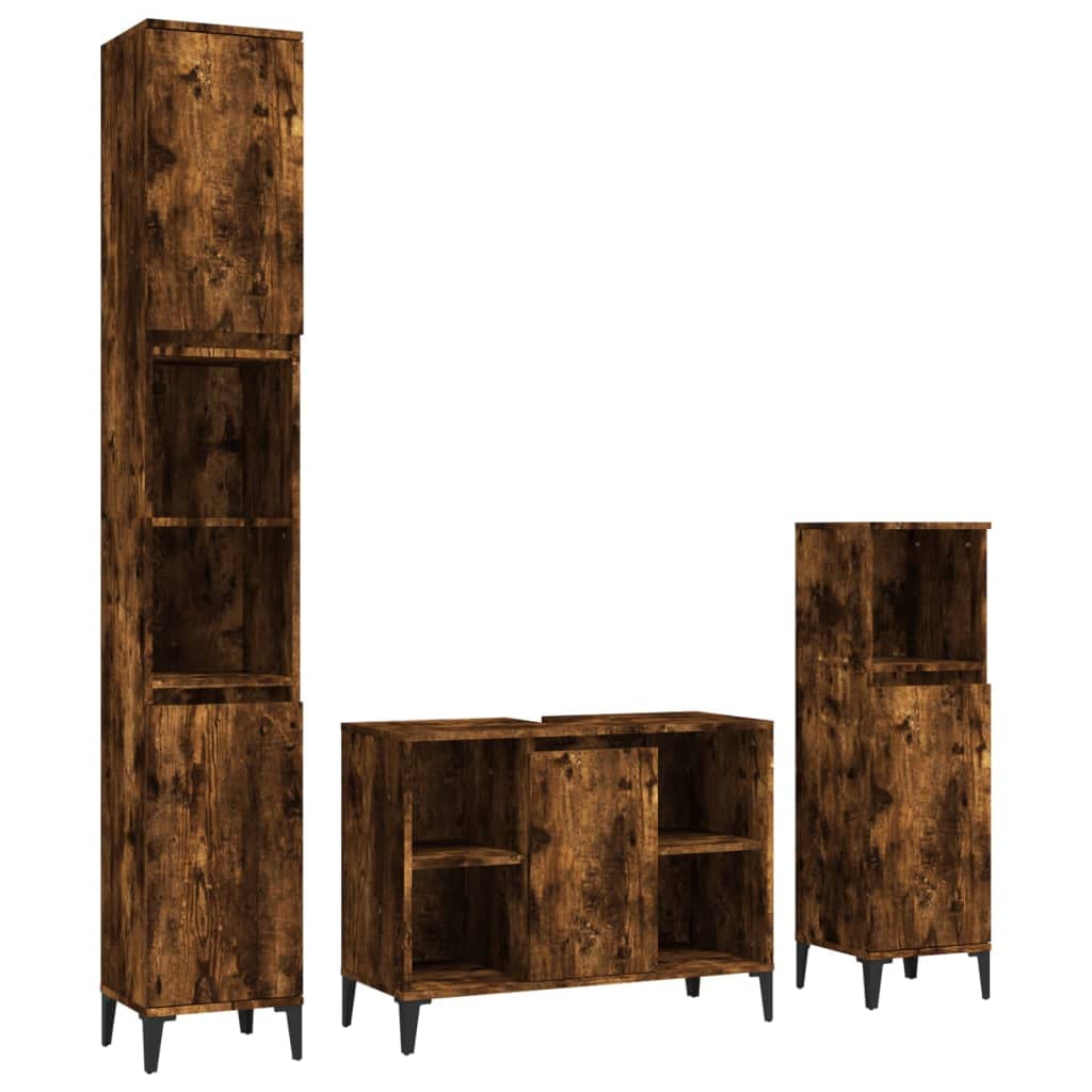 3-TLG. Badmöbel-Set Räuchereiche Badschrank Metallfüße, Badezimmer Unterschrank Hochschrank Midischrank, Badezimmermöbel Holzwerkstoff