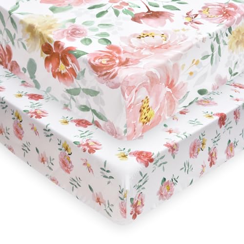 PHF Soft Floral Crib Sheet Fitted, 2 Pack Silky Comfy Breathable Baby Sheets for Girls, 28x52x9in Fits Standard Crib and Toddler Mattresses,...