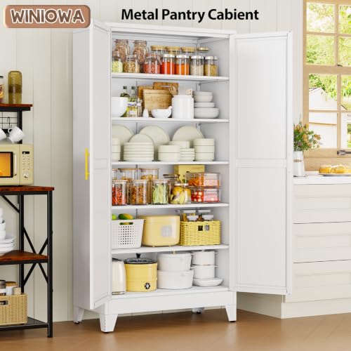 Image of 78.7 inch Tall Metal Pantry Cabinet, Freestanding Kitchen Storage Cabinet | with 2 Doors and 5 Adjustable Shelves, Versatile Storage Cupboard for Kitchen, Laundry, Dining & Utility Room, White