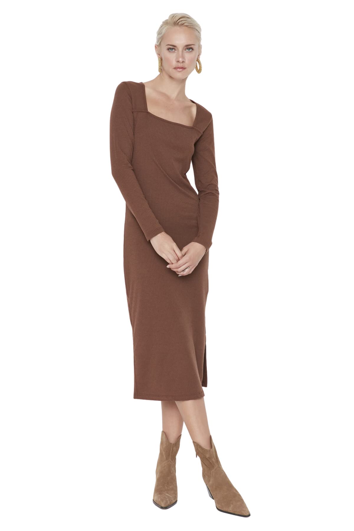 Trendyol FeMan Midi Bodycon Slim fit Knit Dress Brown