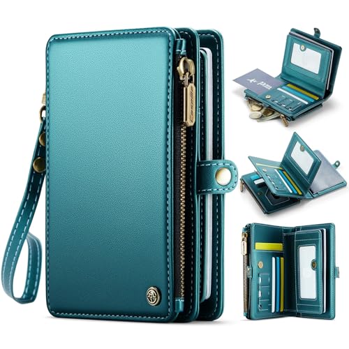 Passport Holder Wallet Bag with AirTag Holder, 11 Card Slots and Passport Solt Cash Solt Photo Solt Zipper Pocket, RFID Blocking Wristlet Strap.Green