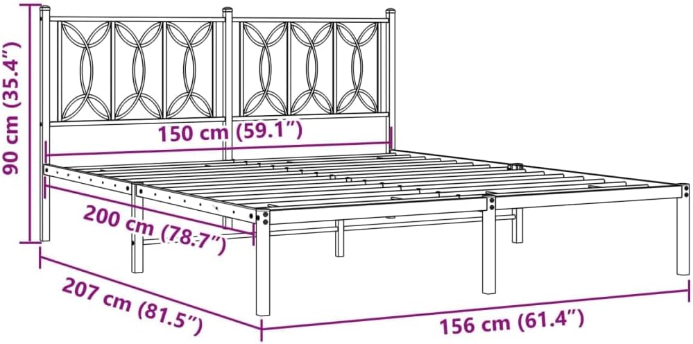 Black Steel King Size Bed Frame with Headboard Modern Rectangular Sturdy Platform Foundation Durable Heavy-Duty Mattress Support for Bedroom