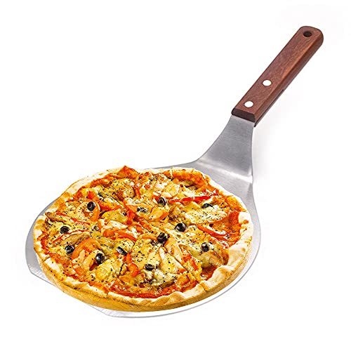 harupink Lopata na pizzu z ušlechtilé oceli, kov, kulatá pizza lopata na pizzu s dřevěnou rukojetí, zvedač koláče, transferový plech, lopatka na pizzu pro pečení domácí pizzy a chleba, servírovací podnos