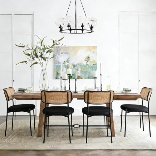 Stabrech Rattan Dining Chairs Set of 4 Mid-Century Modern Chair with Boucle Kitchen Dining Room Chairs for Living Room with Metal Legs Round Upholstered Sherpa