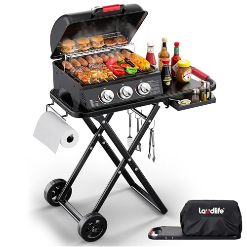 Laudlife 3-Burner Portable Gas Grill with 30,000 BTU, 320 SQ.IN Detachable Propane Grills, Non-Stick Porcelain Grate, Built-in Thermometer, Quick-Fold Design for Camping, Tailgating & Outdoor BBQ