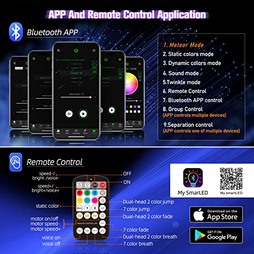 Image of Meteor 20W Twinkle Starlight Headliner Kit, Star Lights for Car with Bluetooth APP /Remote /Music Mode, Fiber Cable 1000pcs*0.03in*13.1ft+Shooting Star kit for Car Roof & Home Decoration