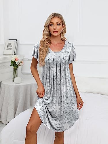 Women's Pleated Front Loose Fit Short Sleeve Nightgowns Sleep Dress with Hand Pockets (S - 5XL)3