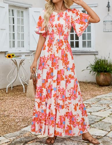 Image of ZESICA Women's 2026 Summer Boho Floral Maxi Dresses Casual Short Flutter Sleeve Smocked Tiered Flowy Dress