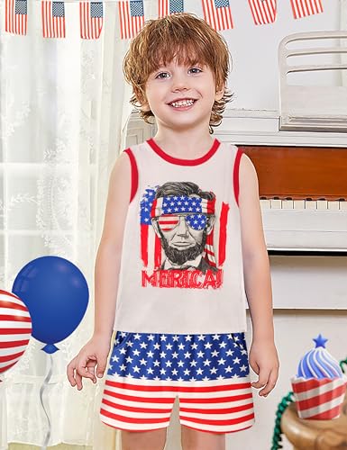 Toddler 4th Of July Outfit Boy Shirt Flag Print Red Shirt Top Shorts 2 Piece Set2