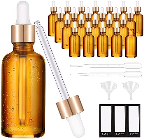 PrettyCare Eye Dropper Bottle 1 oz (24 Pack Amber Glass Bottles 30ml with  Golden Caps, 4 Extra Eye Droppers, 48 Labels, Funnel & Measured Pipettes)  ...