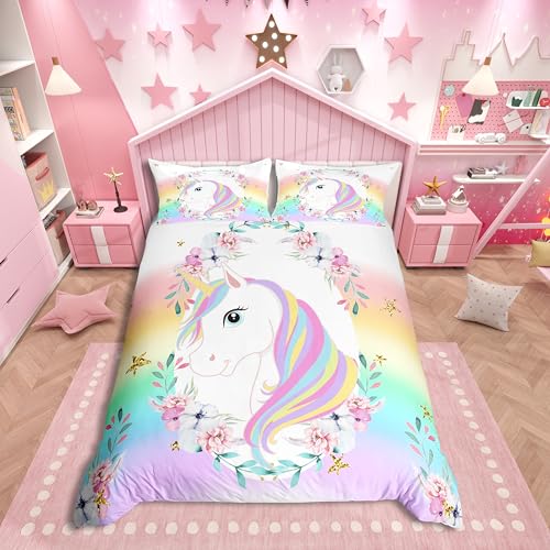 Homemissing Enfants Filles Arc en Ciel Licorne Literie Set Mignon Fleur Licorne Housse De Couette 140 x 200 Cm Ensemble Animaux Magiques Parure De Lit Dream...