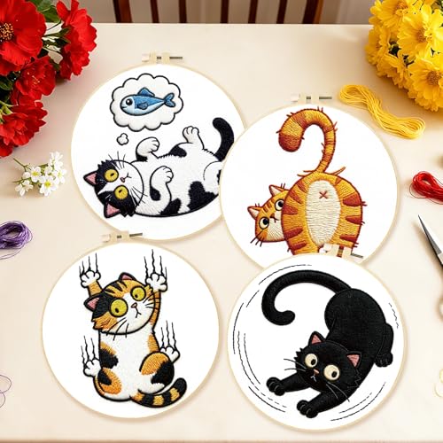Image of BEUNITONE 4PCS Fun and Funny Cat Embroidery Kit for Beginners, Cute Pre-Print Cat Pattern Hand Embroidery Kits with Hoop and Instruction, DIY Needlepoint Craft Kit for Gifts and Home Decor