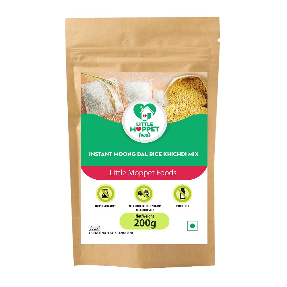 Instant Moongdal Rice Khichdi Mix -200g | Quick Travel Meal for Little ones| Made by a Doctor Mom| No Milk, Additives and Preservatives | Free from Added Salt and Sugar | Made with Rice and Moongdal | Easy to digest | Protein Rich | Ingredients Hand Roasted in Small Batches | No Cooking needed