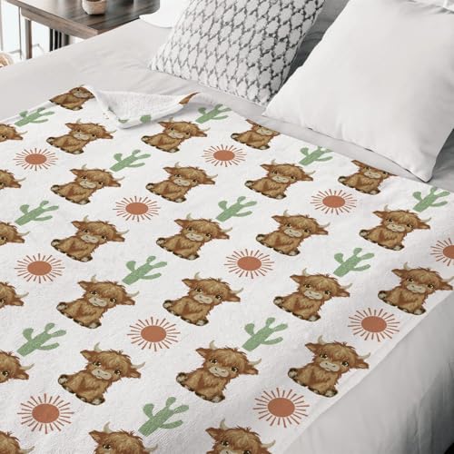 Image of HawSkgFub Boho Highland Cow Cactus Sun Baby Blankets Boy Girl Shower Gift, Western Flannel Fleece Nursery Bed Receiving Swaddle, Soft Warm Lightweight Newborn Infant Toddler Kids Crib Bedding 30 x 40