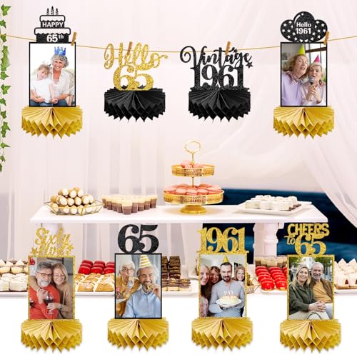 Image of Eucutur 8Pcs 65th Birthday Decorations Honeycomb Centerpieces for Women Men, Black Gold Vintage 1961 65th Bday Photo Table Centerpieces Party Supplies, Glitter Cheers to 65 Year Old Bday Table Topper