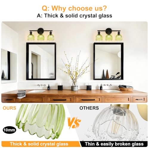 Image of Bathroom Light Fixtures, 3-Light Brushed Black Vanity Lights for Bathroom with Green Tulip Glass Shade, 20 inch Vintage Bathroom Vanity Lighting Fixtures Over Mirror for Bedroom Living Room Hallway