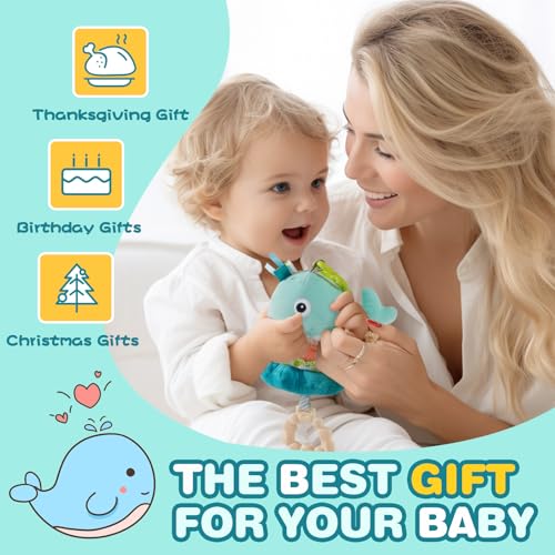 Image of Jollybaby Baby Musical Pull String Hanging Toy for Stroller Car Seat Crib Play Gym, Plush Stuffed Whale Toy for Carseat with Music Teether Crinkle Paper, Sensory Toy for 0-6-12-18 Months Baby Gift